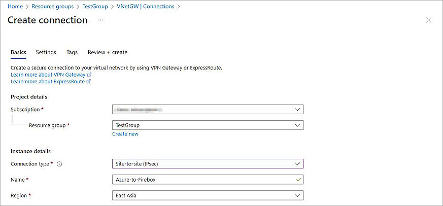 Screenshot of Azure portal, Create Connection page with Basics tab selected